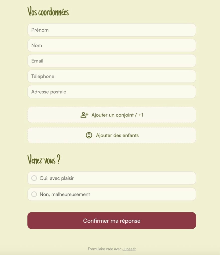 Exemple de formulaire RSVP de mariage personnalisé sur Junéa permettant aux invités de renseigner leurs coordonnées, ajouter des accompagnants et confirmer leur présence en ligne.