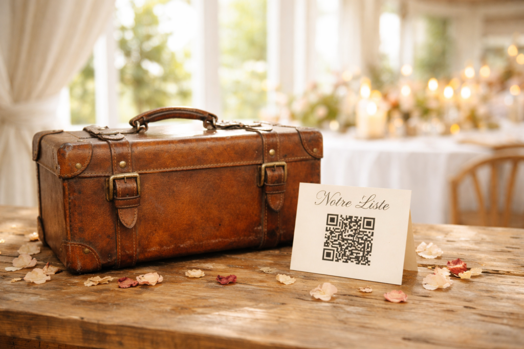 Valise vintage en cuir avec QR code liste de mariage sur table en bois, décoration mariage